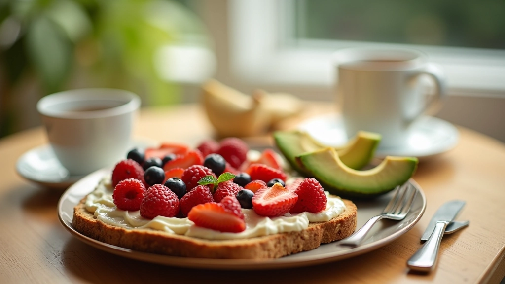 Healthy breakfast setup with whole grains, fruit, coffee on wooden table in morning light
