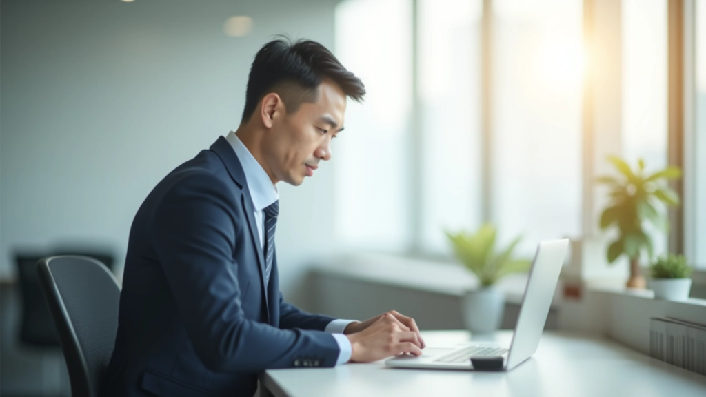 Professional at standing desk doing focused deep work in bright morning light