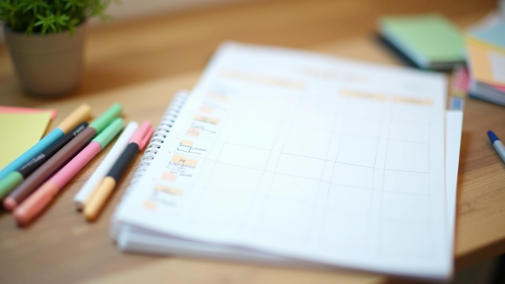 Weekly calendar planning layout with color-coded time blocks for different tasks